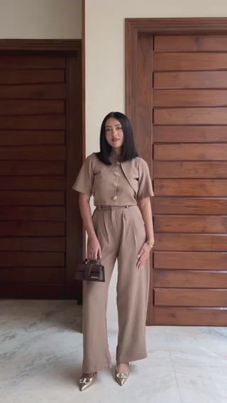 Brown Cropped Blazer & Darted Pants Co-Ord Set