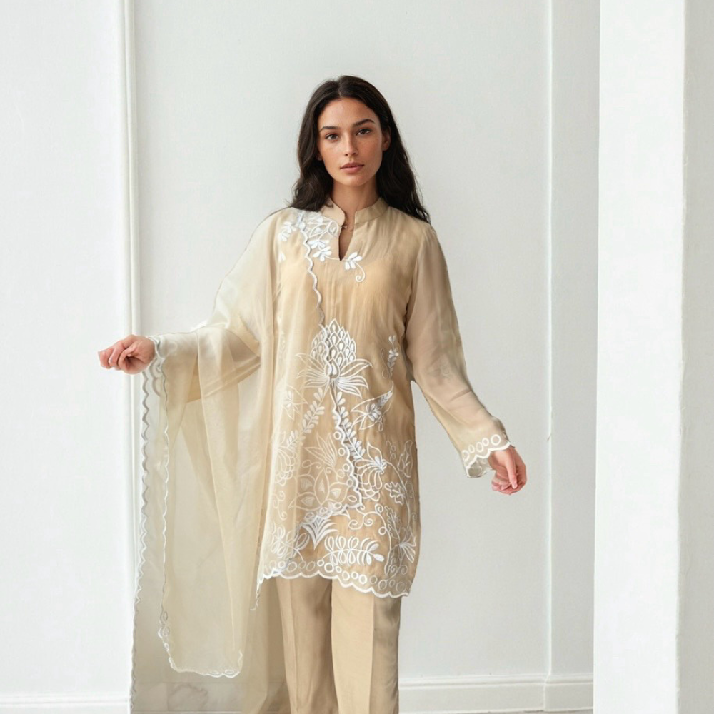 White Embroidery On Beige Coord (With Duppata)
