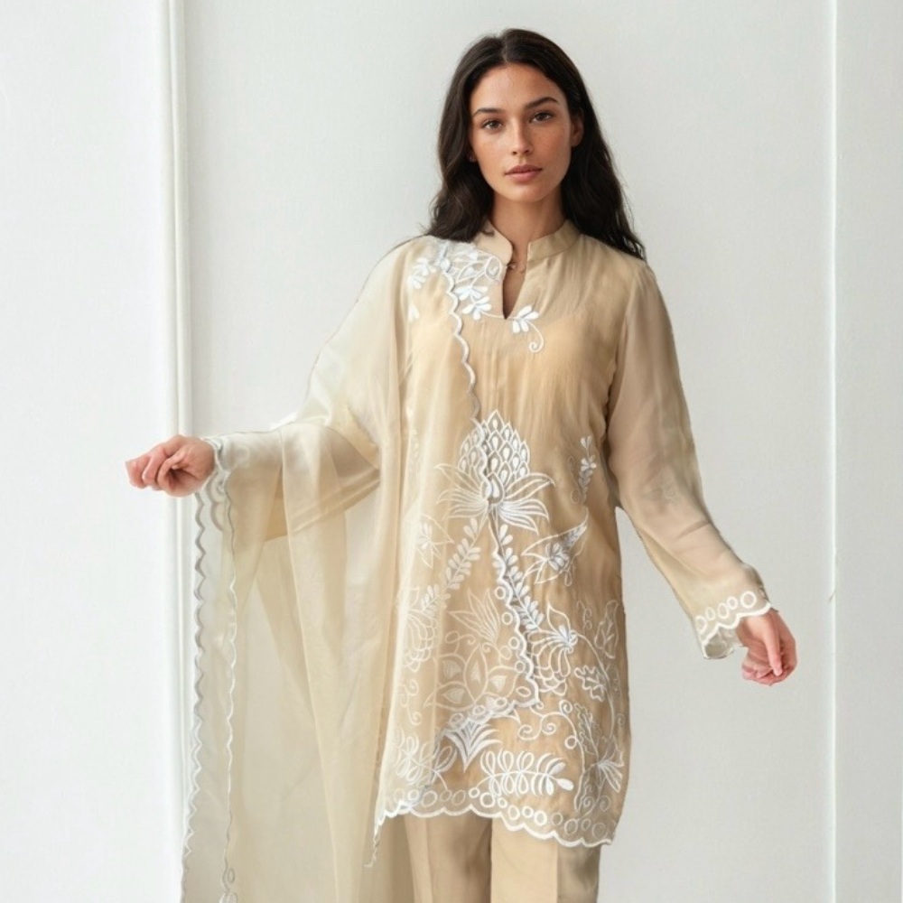 White Embroidery On Beige Coord (With Duppata)